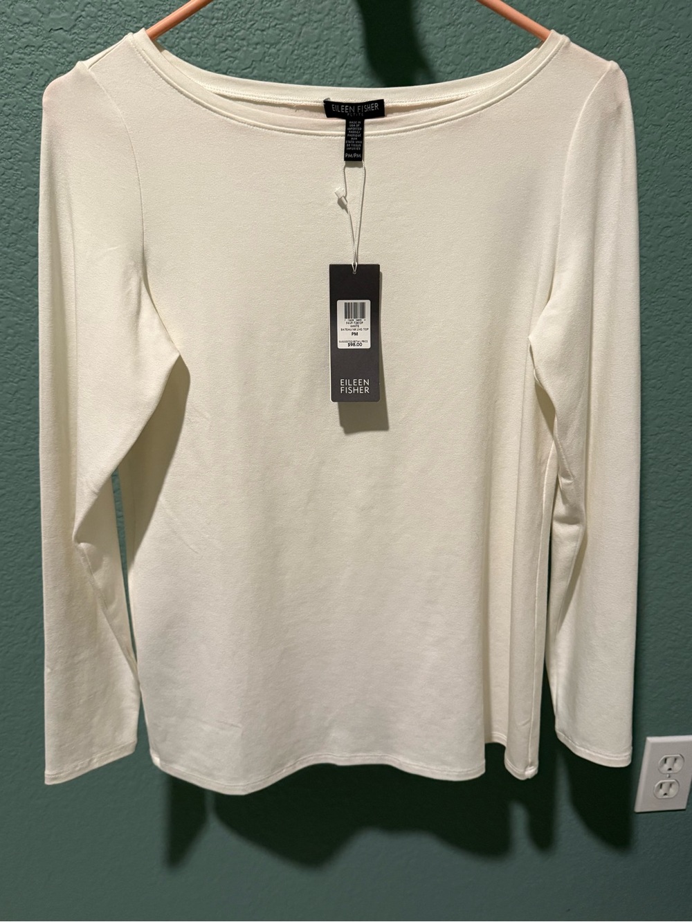 NWT Eileen Fisher Women's Long Sleeve Boatneck Top in white